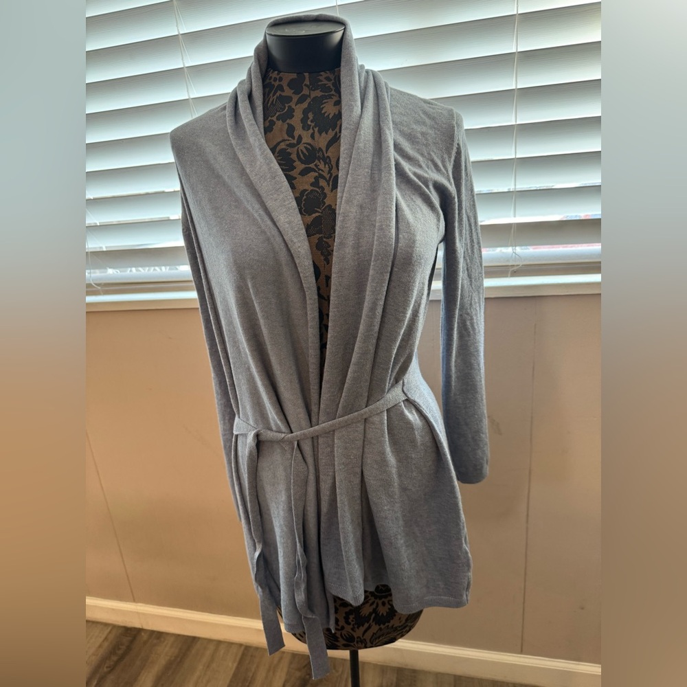Zara Light Gray/Blue Open Front Belted Cardigan Sweater